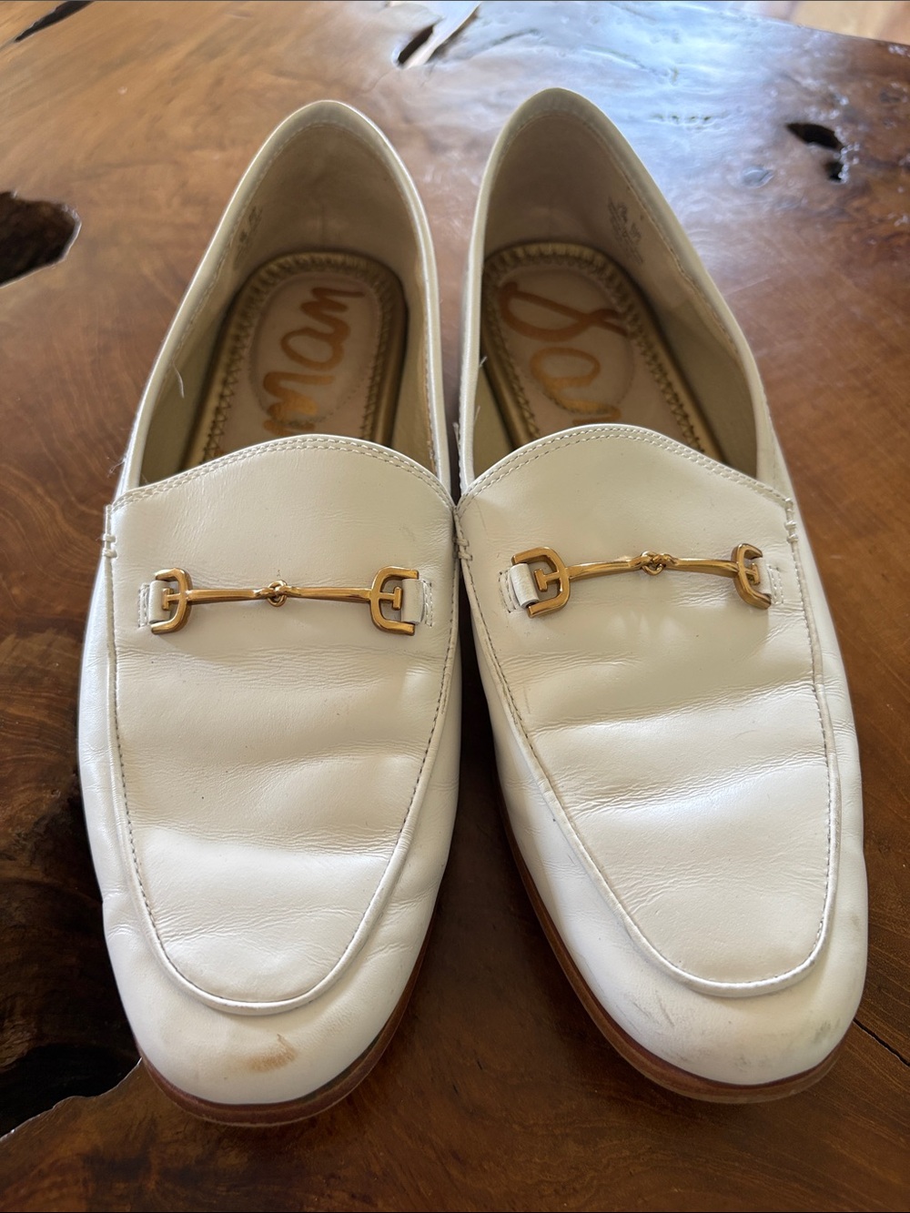 Sam Edelman White Leather Loafers with Gold Horsebit